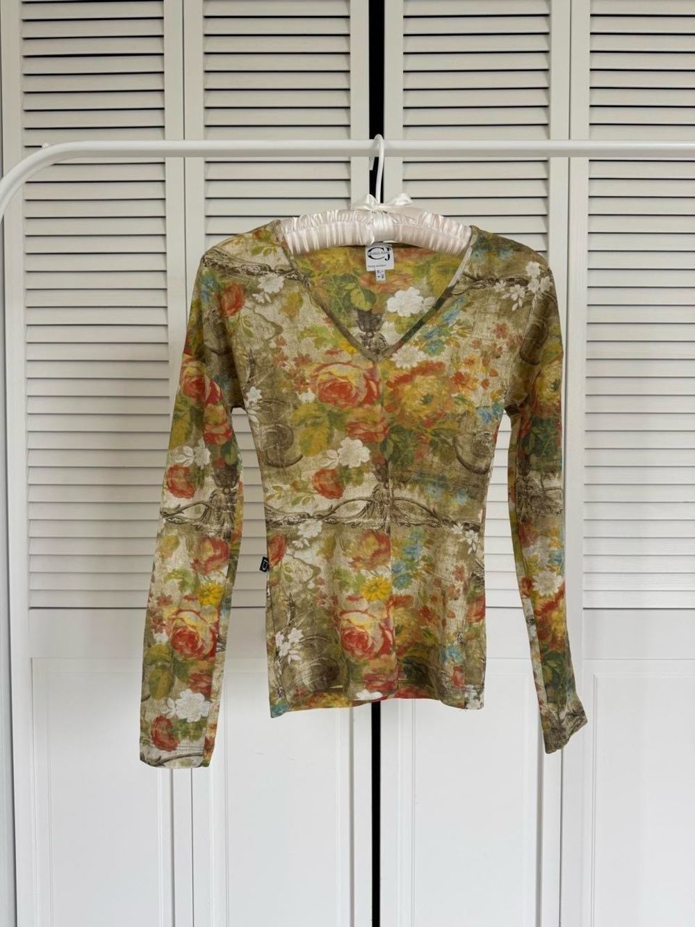 Roberto Cavalli Floral V-Neck Long Sleeve Top - Olive Multicolor